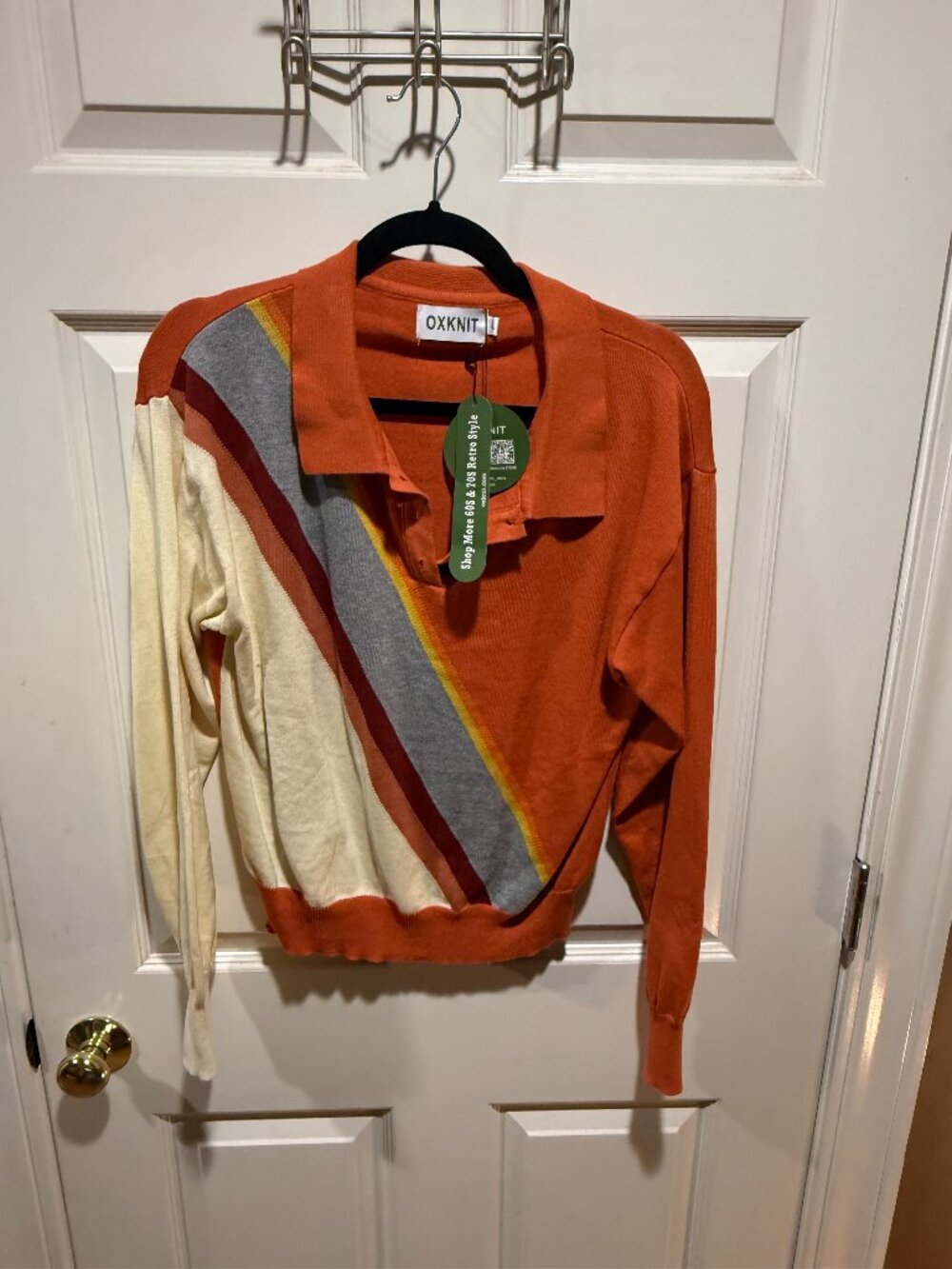 OXKNIT Retro Colorblock Polo Sweater Orange Stripe Knit Pullover Size L